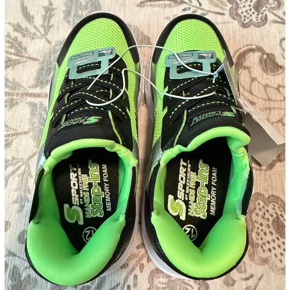Skechers S Sport Kids Myles Light Up Sneakers Neon Green Black Size 12 NEW
